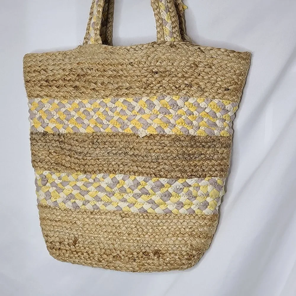 Sandra‎ Robert's Squared Rafia and Fabric Braided Woven Tote